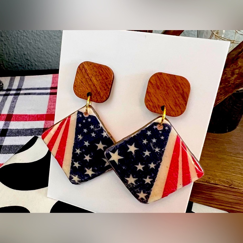 Boho Handmade polymer clay Americana design dangle earrings for 4th of July